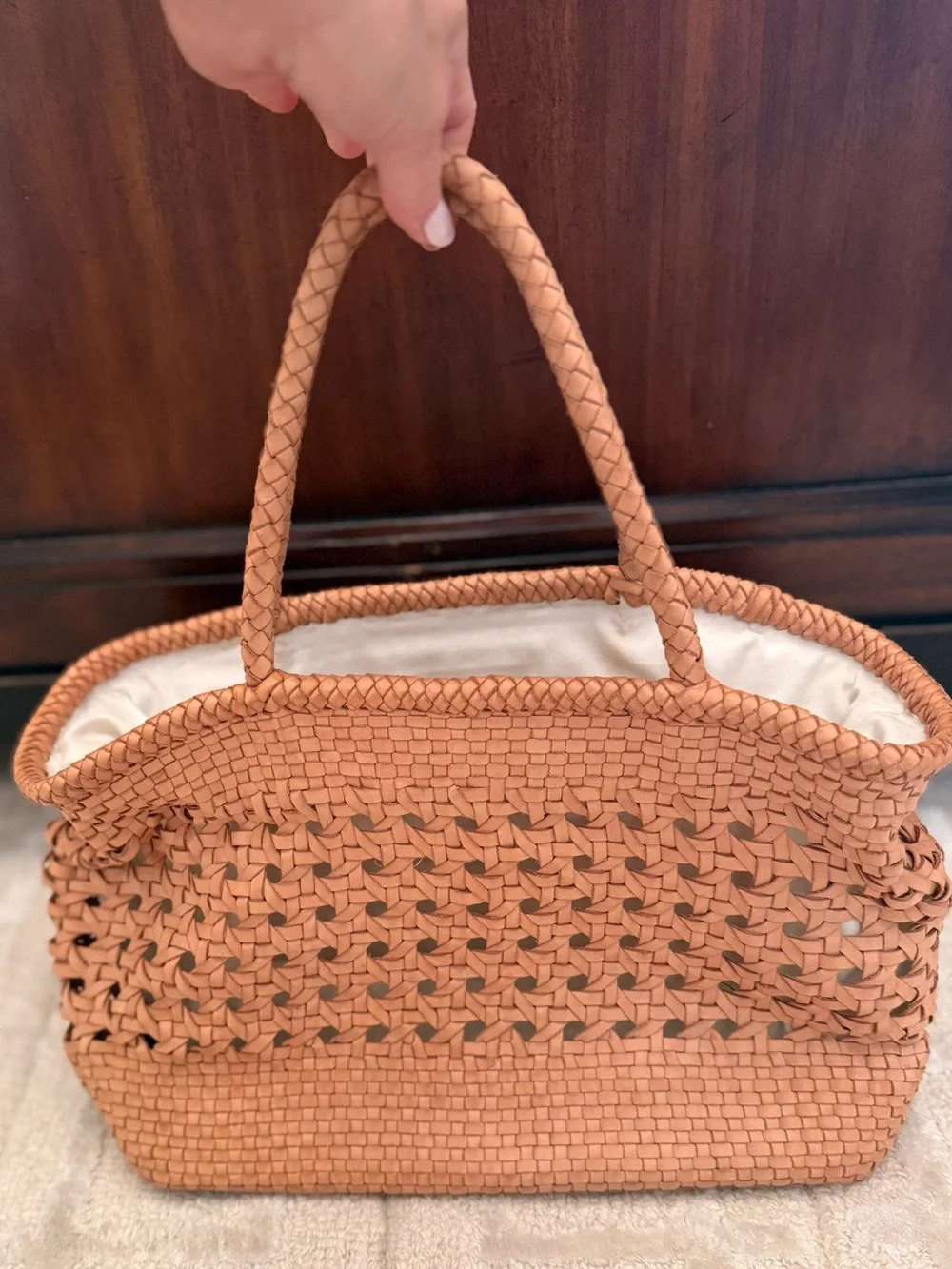 Woven Leather Tote Bag in Tan - Lightweight Summer Carryall by Village Thrive - Picture 1 of 6